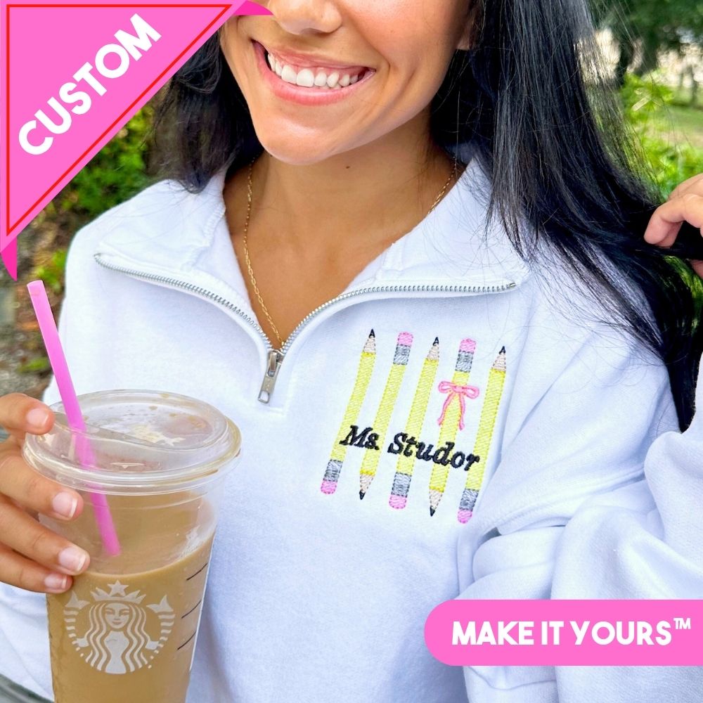 Make It Yours™ 'Bow & Pencil' Quarter Zip Sweatshirt - United Monograms