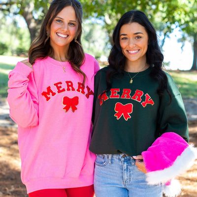 ‘MERRY’ Chenille Patch Bow Sweatshirt - United Monograms