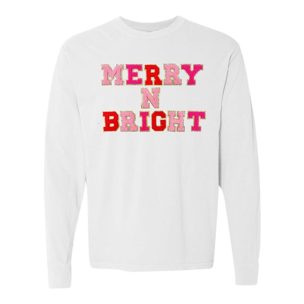 Merry N Bright Letter Patch Comfort Colors Long Sleeve T-Shirt - United Monograms