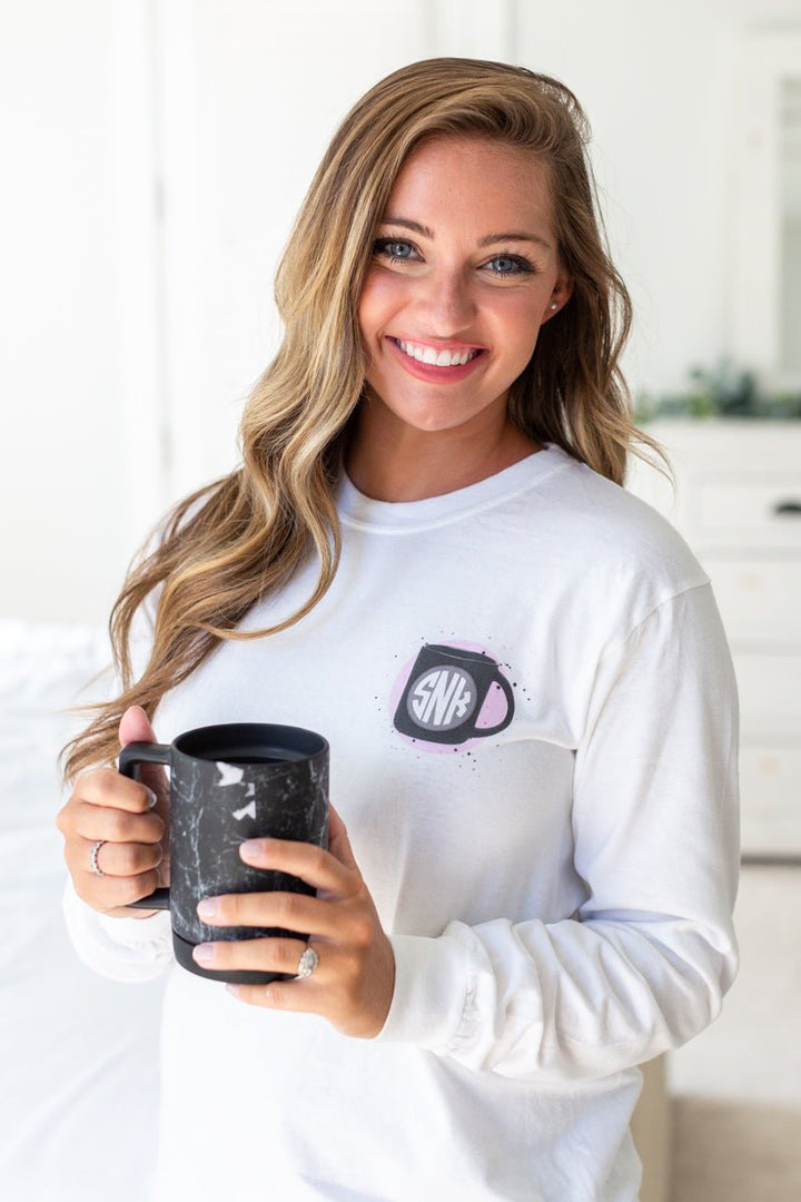 Monogrammed 'Alexa, Bring Me Coffee In Bed' Front & Back Long Sleeve T-Shirt M / Light Skin / Left Chest