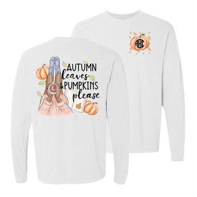 Monogrammed 'Autumn Leaves & Pumpkins Please' Front & Back Long Sleeve T-Shirt - United Monograms
