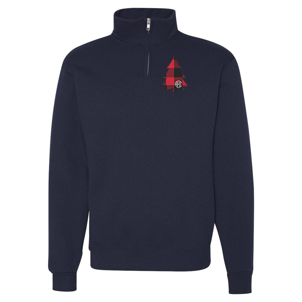 Monogrammed Buffalo Check Christmas Tree Quarter Zip Sweatshirt - United Monograms