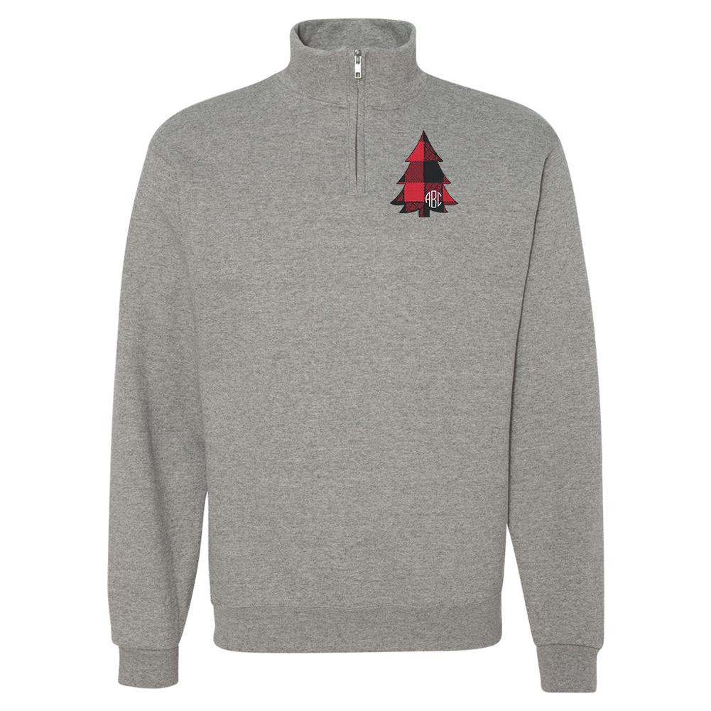 Monogrammed Buffalo Check Christmas Tree Quarter Zip Sweatshirt - United Monograms