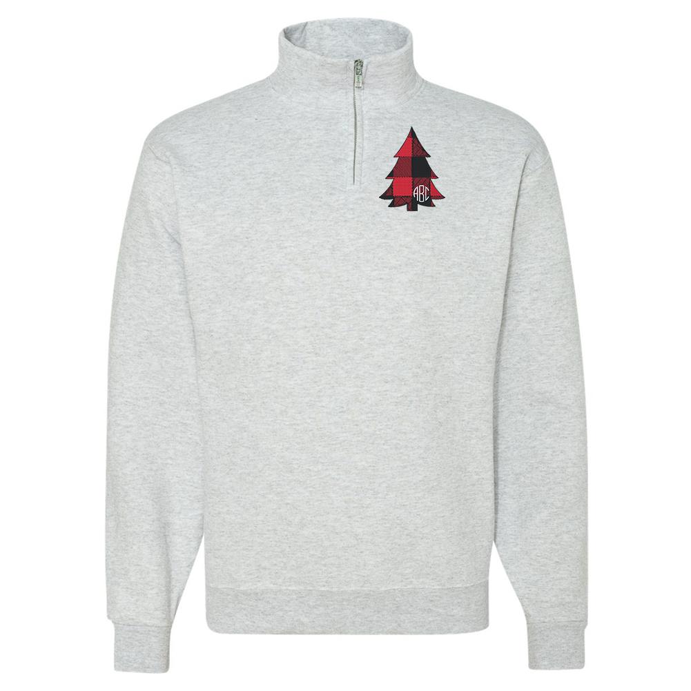 Monogrammed Buffalo Check Christmas Tree Quarter Zip Sweatshirt - United Monograms