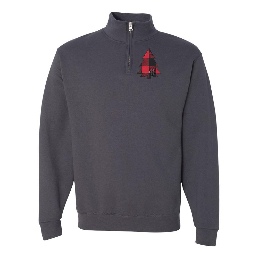 Monogrammed Buffalo Check Christmas Tree Quarter Zip Sweatshirt - United Monograms