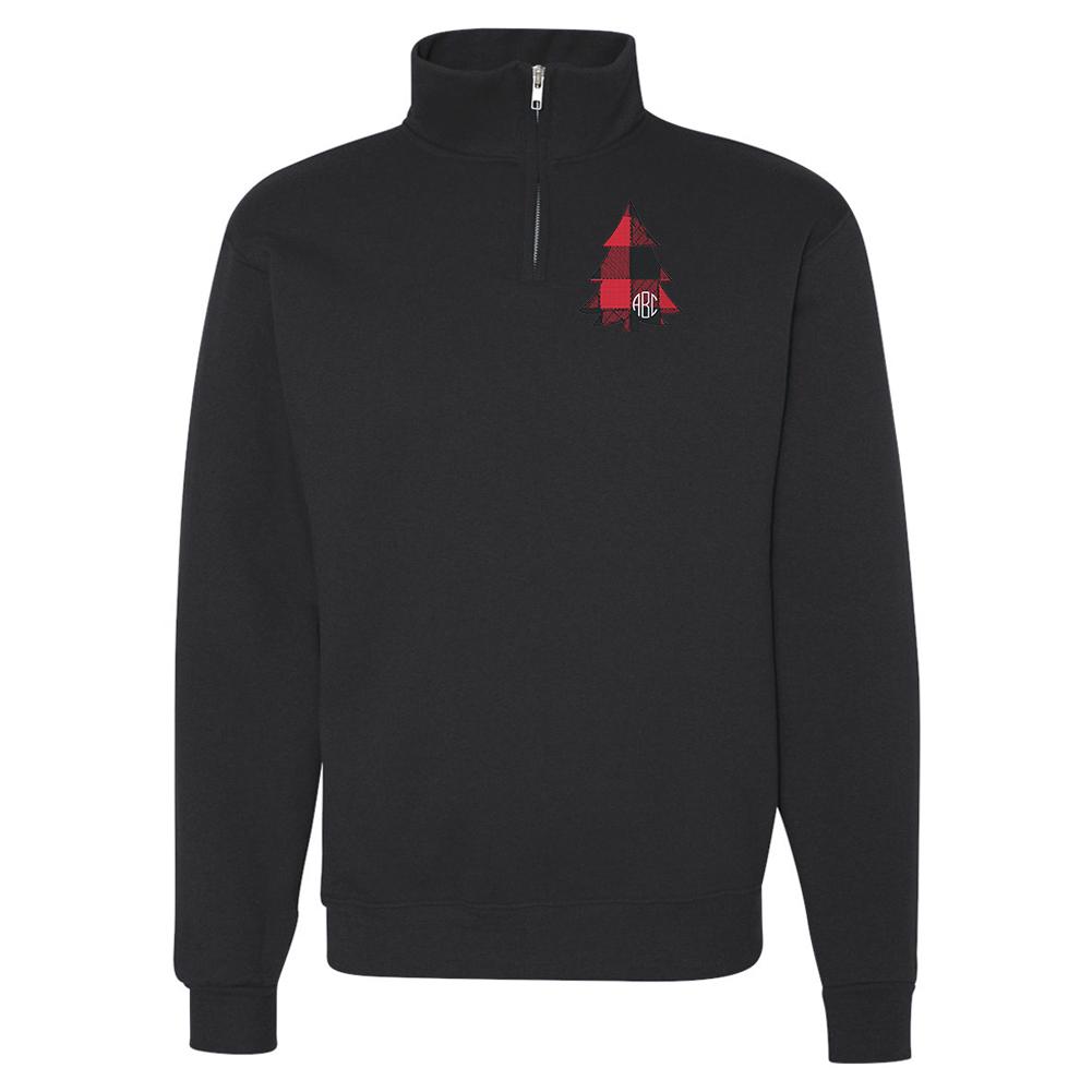 Monogrammed Buffalo Check Christmas Tree Quarter Zip Sweatshirt - United Monograms