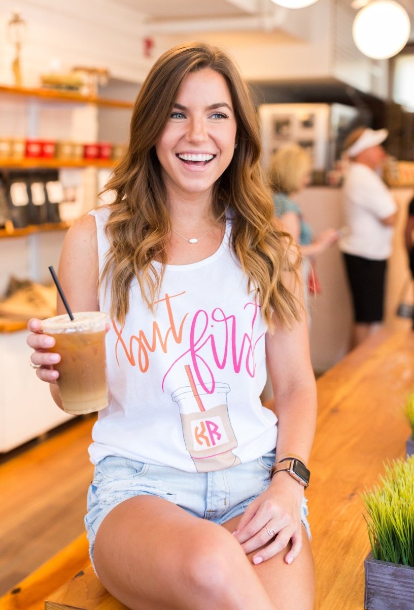 Monogrammed 'But First, Iced Coffee' Premium Tank Top - United Monograms