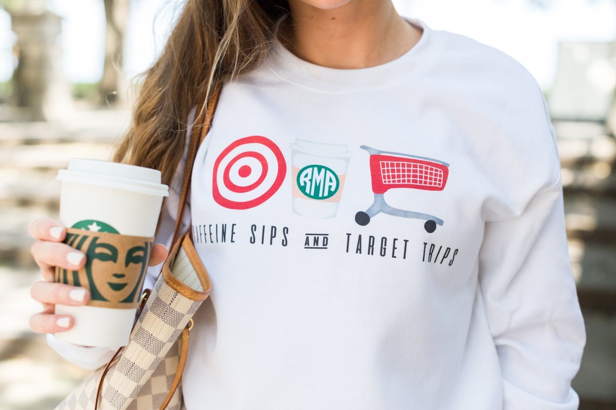 Monogrammed Caffeine Sips Shopping Trips Crewneck Sweatshirt United Monograms