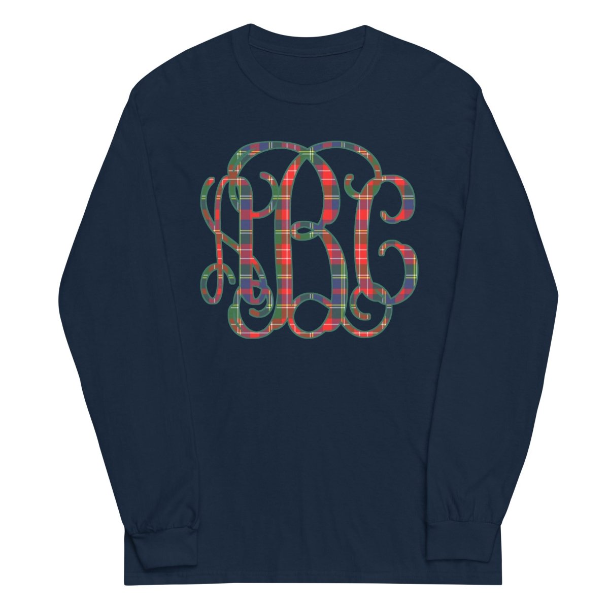 Monogrammed 'Christmas Plaid' Big Print Basic Long Sleeve T-Shirt - United Monograms