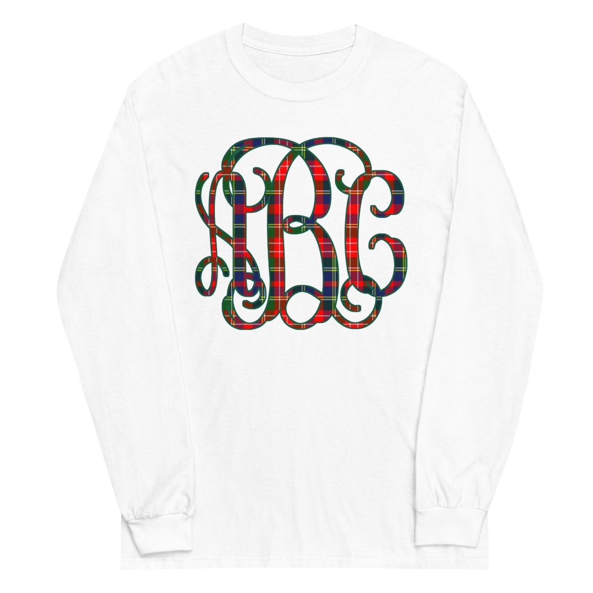 Monogrammed 'Christmas Plaid' Big Print Basic Long Sleeve T-Shirt - United Monograms