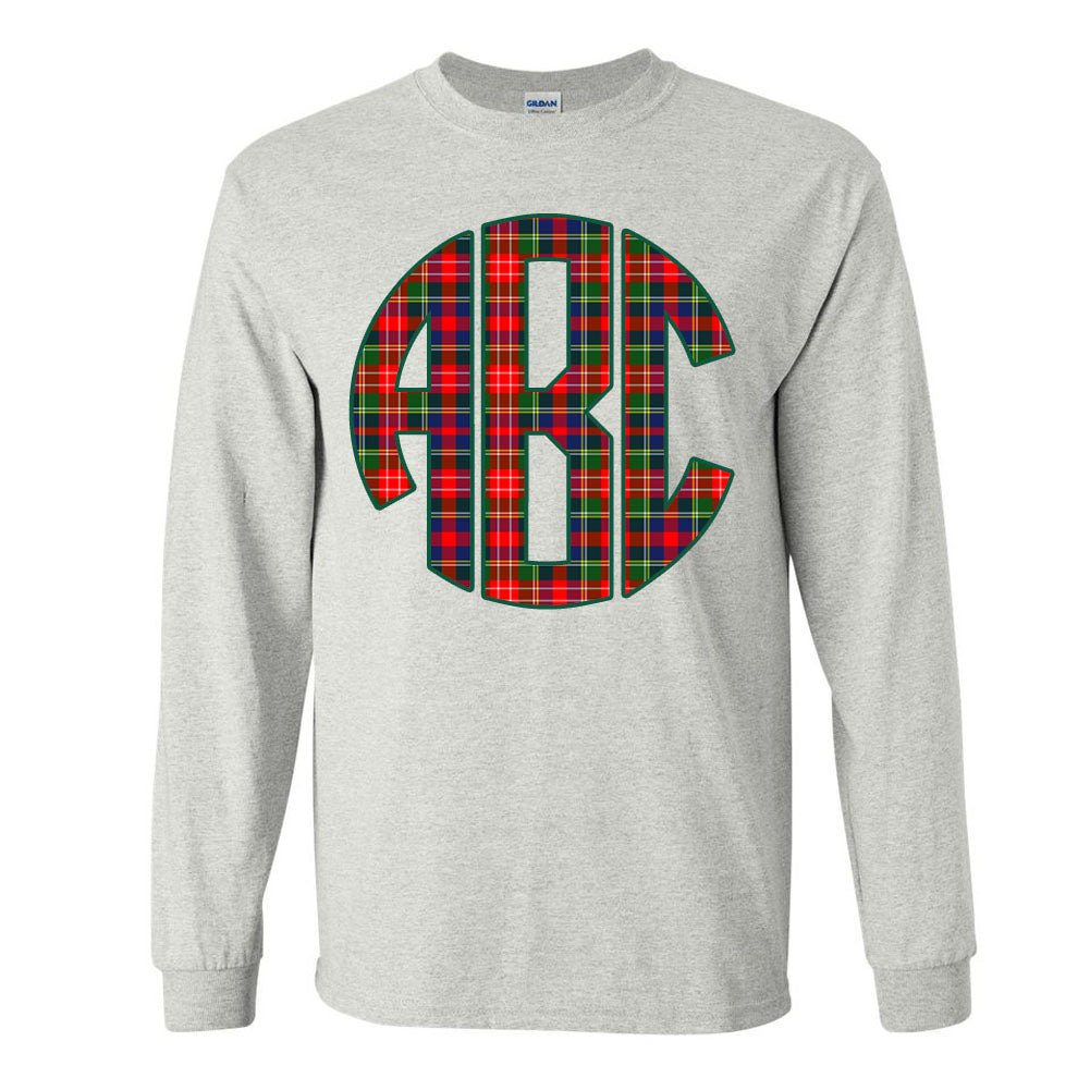 Monogrammed 'Christmas Plaid' Big Print Basic Long Sleeve T-Shirt - United Monograms