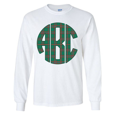 Monogrammed 'Christmas Plaid' Big Print Basic Long Sleeve T-Shirt - United Monograms