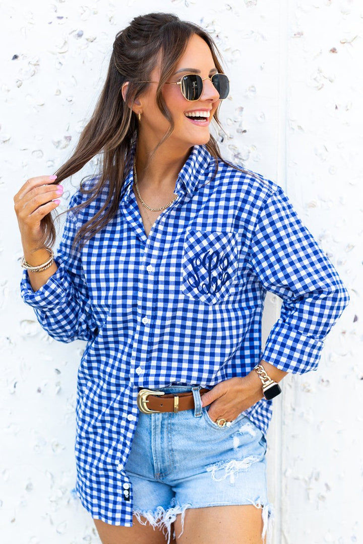 Monogrammed Gingham Button Down Blue / 2XL