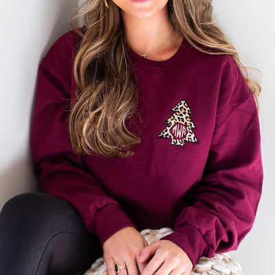 Monogrammed Leopard Christmas Tree Crewneck Sweatshirt - United Monograms