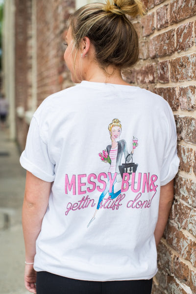Monogrammed 'Messy Bun & Gettin' Stuff Done' Front & Back T-Shirt - United Monograms