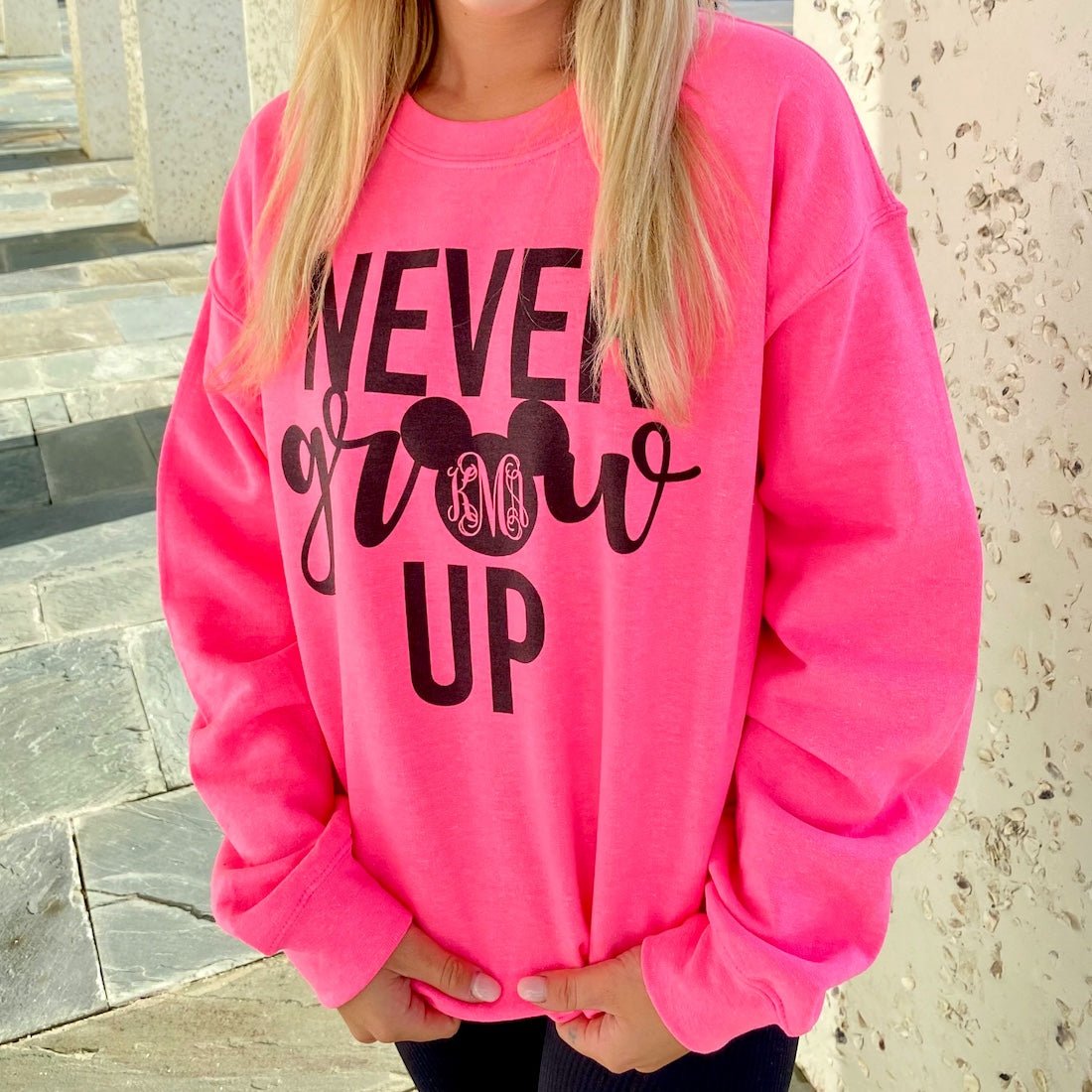Monogrammed 'Never Grow Up' Neon Crewneck Sweatshirt - United Monograms