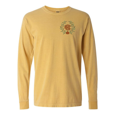 Monogrammed Pumpkin Leaves Comfort Colors Long Sleeve T-Shirt - United Monograms