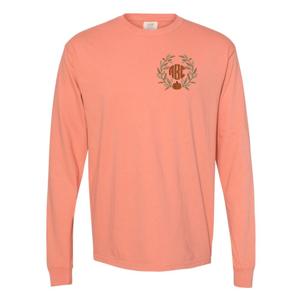 Monogrammed Pumpkin Leaves Comfort Colors Long Sleeve T-Shirt - United Monograms
