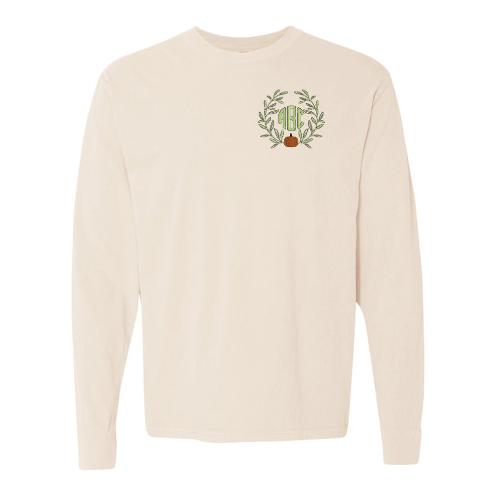 Monogrammed Pumpkin Leaves Comfort Colors Long Sleeve T-Shirt - United Monograms