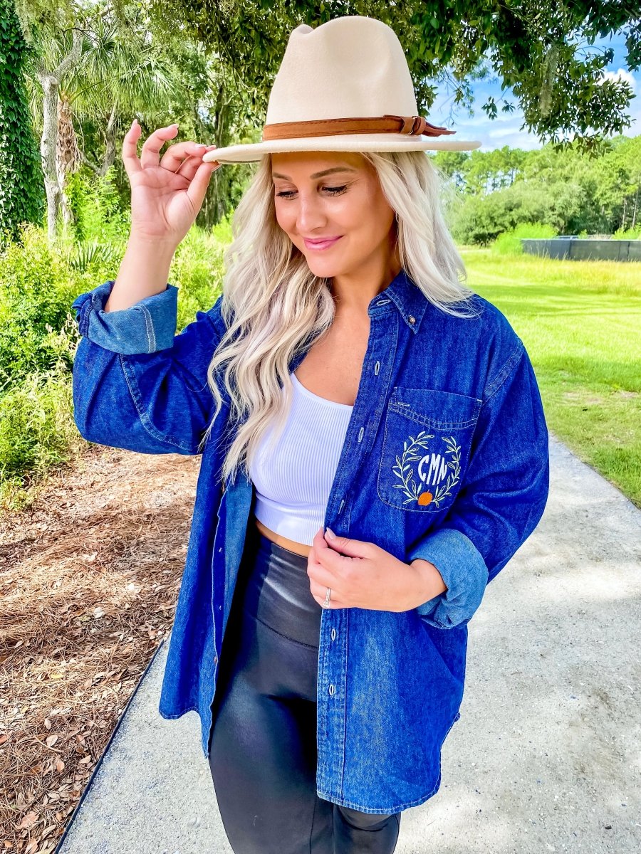 Monogrammed Pumpkin Leaves Oversized Denim Shirt - United Monograms