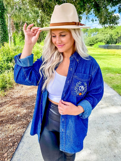 Monogrammed Pumpkin Leaves Oversized Denim Shirt - United Monograms