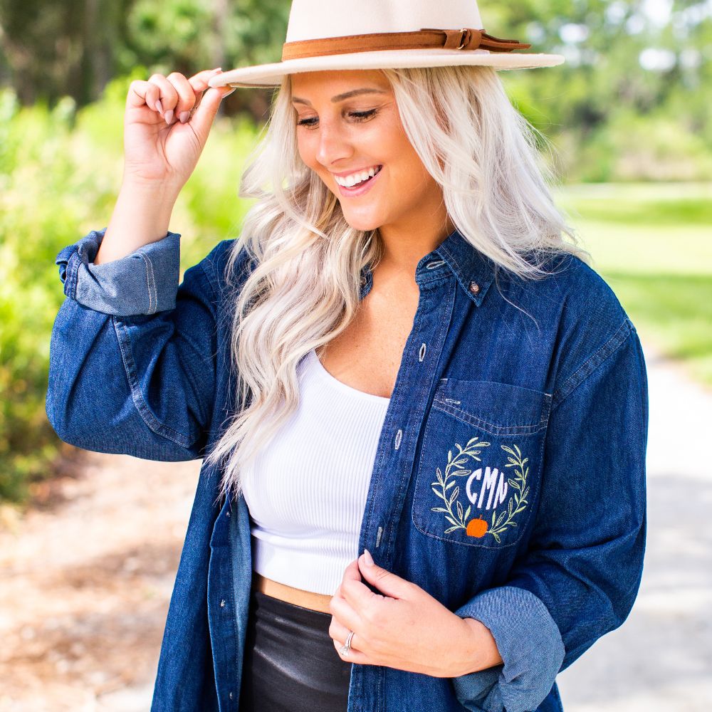 Monogrammed Pumpkin Leaves Oversized Denim Shirt - United Monograms