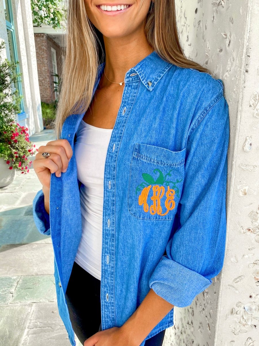 Monogrammed Pumpkin Oversized Denim Shirt - United Monograms