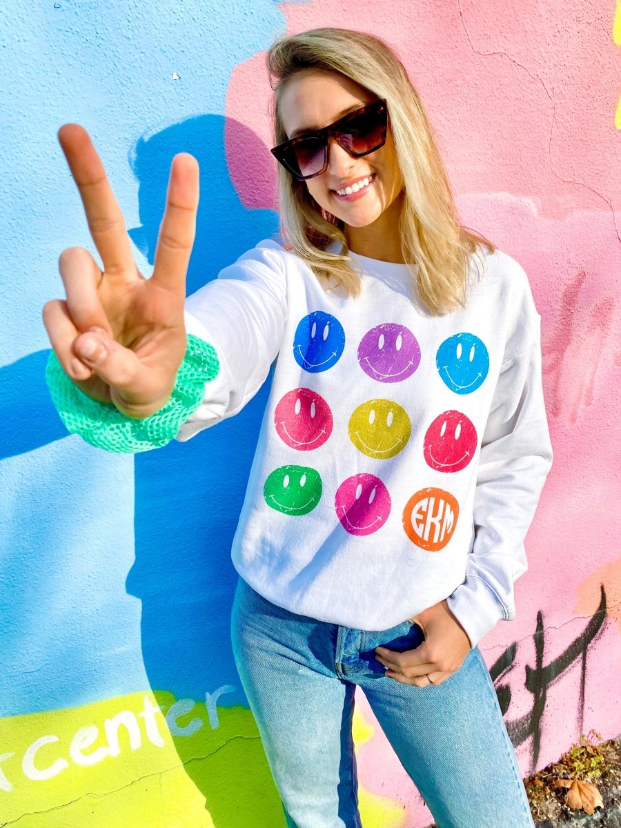 Monogrammed 'Retro Smileys' Crewneck Sweatshirt - United Monograms