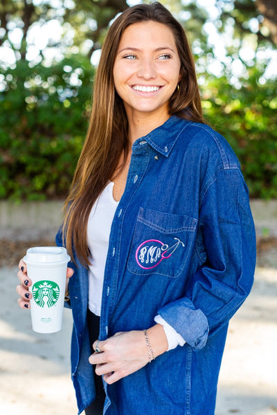 Monogrammed Stethoscope Oversized Denim Shirt - United Monograms
