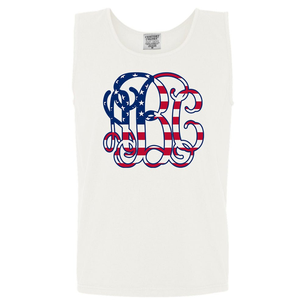 Monogrammed 'Vine American Flag' Big Print Comfort Colors Tank Top - United Monograms