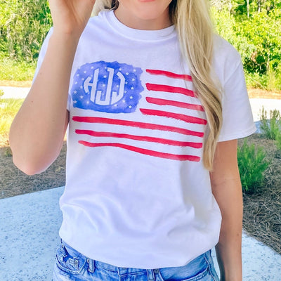 Monogrammed 'Watercolor American Flag' Basic T-Shirt - United Monograms