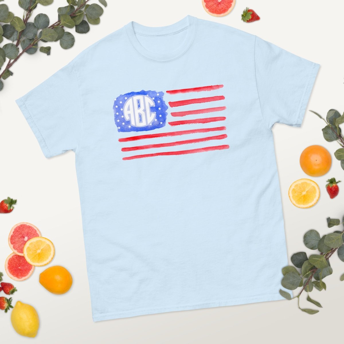Monogrammed 'Watercolor American Flag' Basic T-Shirt - United Monograms