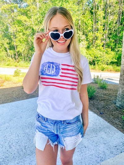 Monogrammed 'Watercolor American Flag' Basic T-Shirt - United Monograms