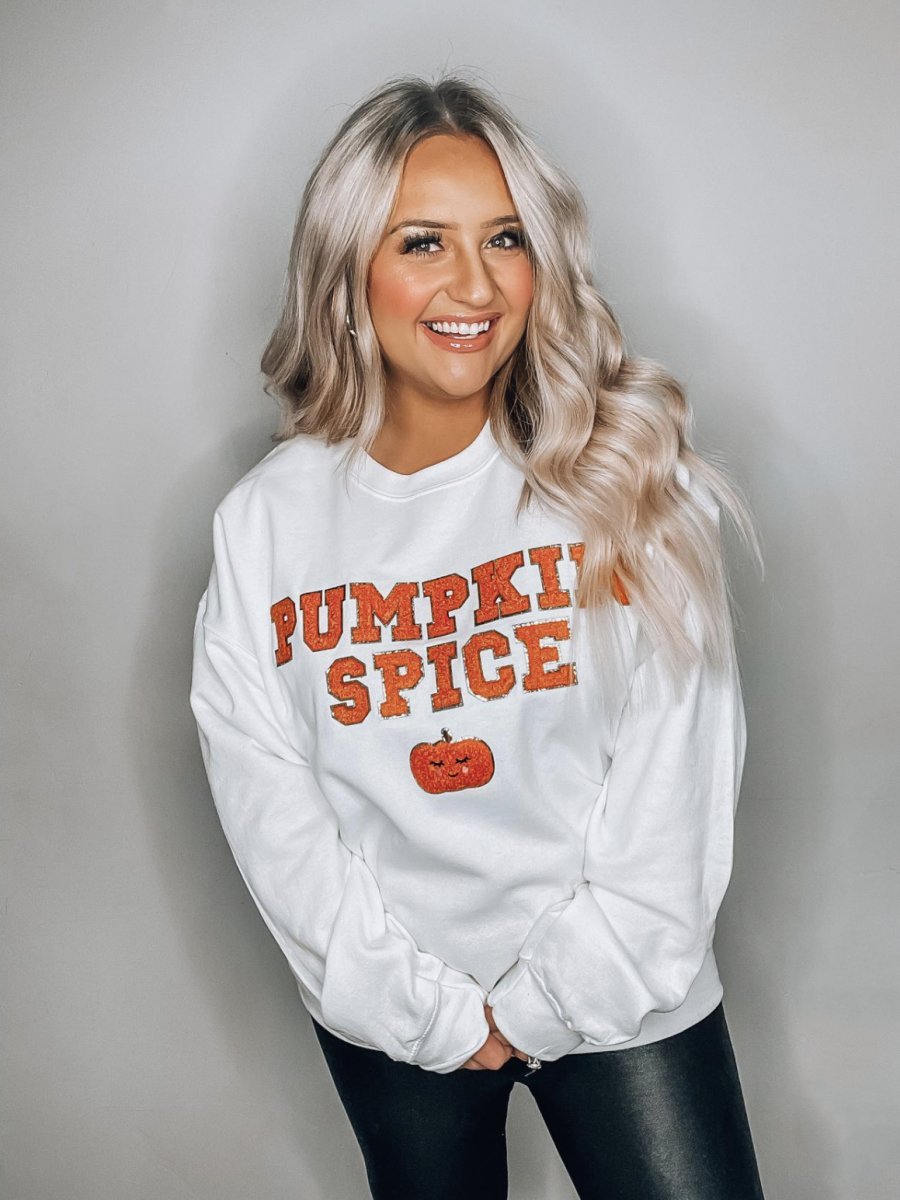 Pumpkin Spice Letter Patch Crewneck Sweatshirt - United Monograms