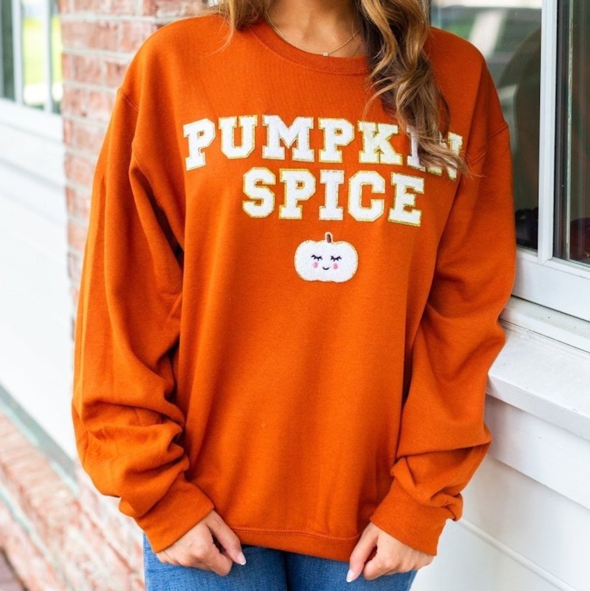 Pumpkin Spice Letter Patch Crewneck Sweatshirt - United Monograms