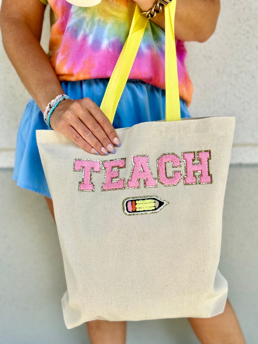 TEACH '1 Teacher, 2 Pencil' Tote (FREE! $40+ ADD TO CART) - United Monograms