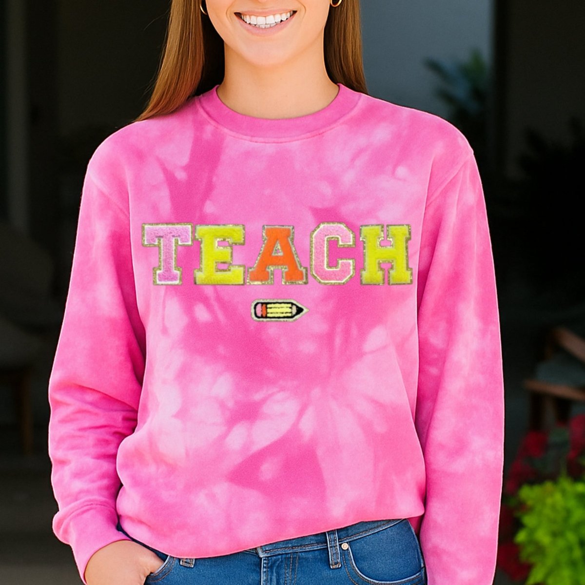 'Teach In Technicolor' Tie Dye Letter Patch Crewneck - United Monograms