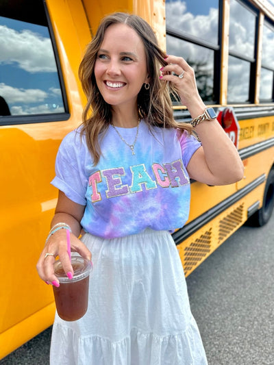 'Teach In Technicolor' Tie Dye Letter Patch T-Shirt - United Monograms