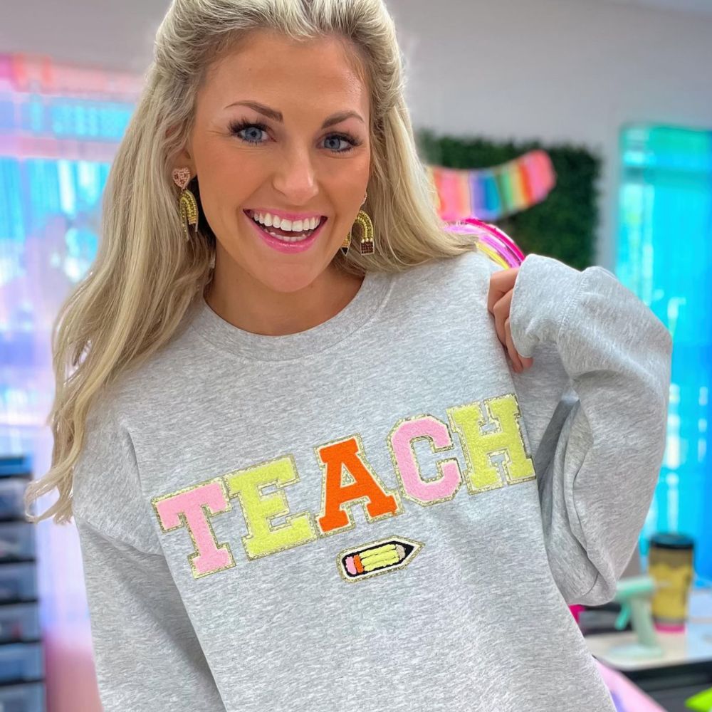 Teach Pencil Letter Patch Crewneck Sweatshirt - United Monograms
