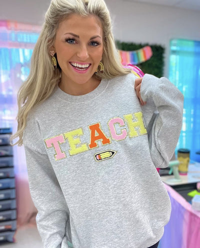 Teach Pencil Letter Patch Crewneck Sweatshirt - United Monograms