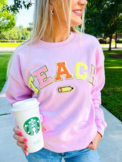 Teach Pencil Letter Patch Crewneck Sweatshirt - United Monograms