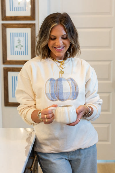 UM X @livinwithMB Appliqué Plaid Pumpkin Crewneck - United Monograms