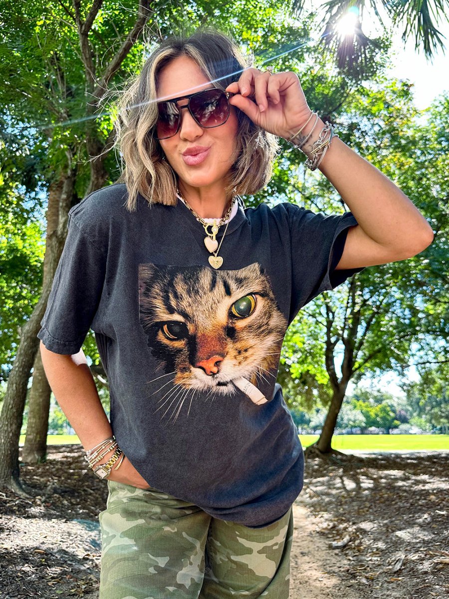 UM X @livinwithMB 'Smokin' Cat' Distressed Tee - United Monograms