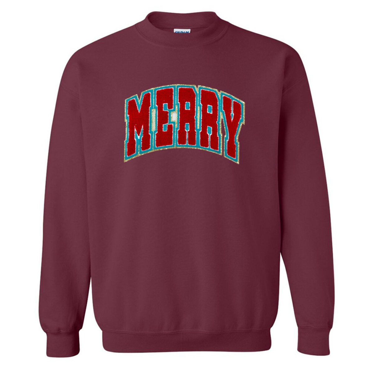 'Varsity Merry' Letter Patch Crewneck Sweatshirt - United Monograms