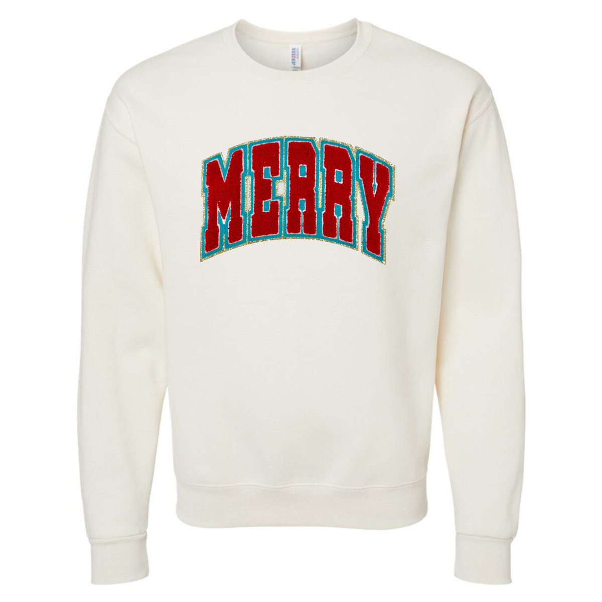 'Varsity Merry' Letter Patch Crewneck Sweatshirt - United Monograms
