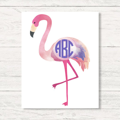 Monogrammed Watercolor Flamingo Wall Art Canvas