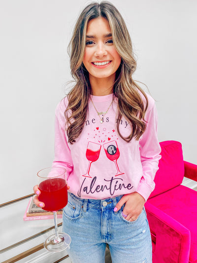 Monogrammed 'Wine Is My Valentine' Long Sleeve T-Shirt