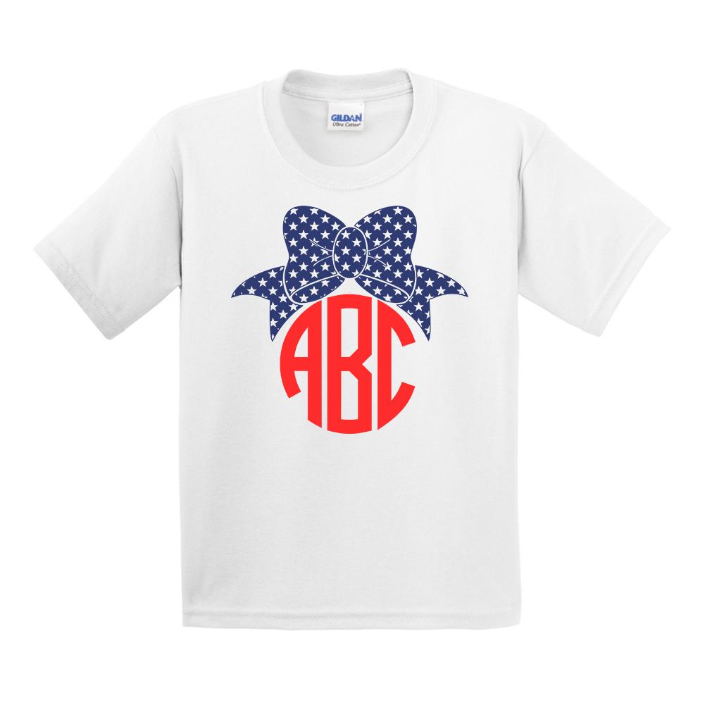 Kids Monogrammed Patriotic Bow T-Shirt Youth Sizes Fourth of July