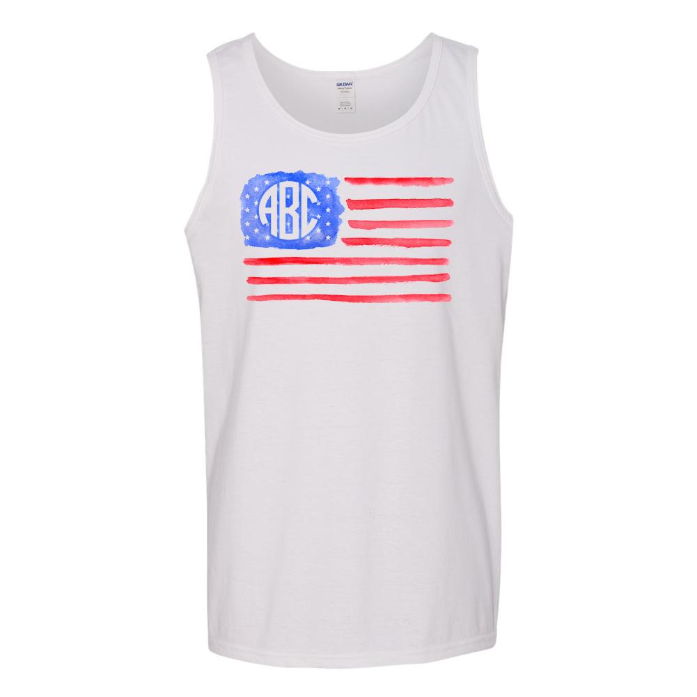 Monogrammed Watercolor American Flag Tank Top Fourth of July