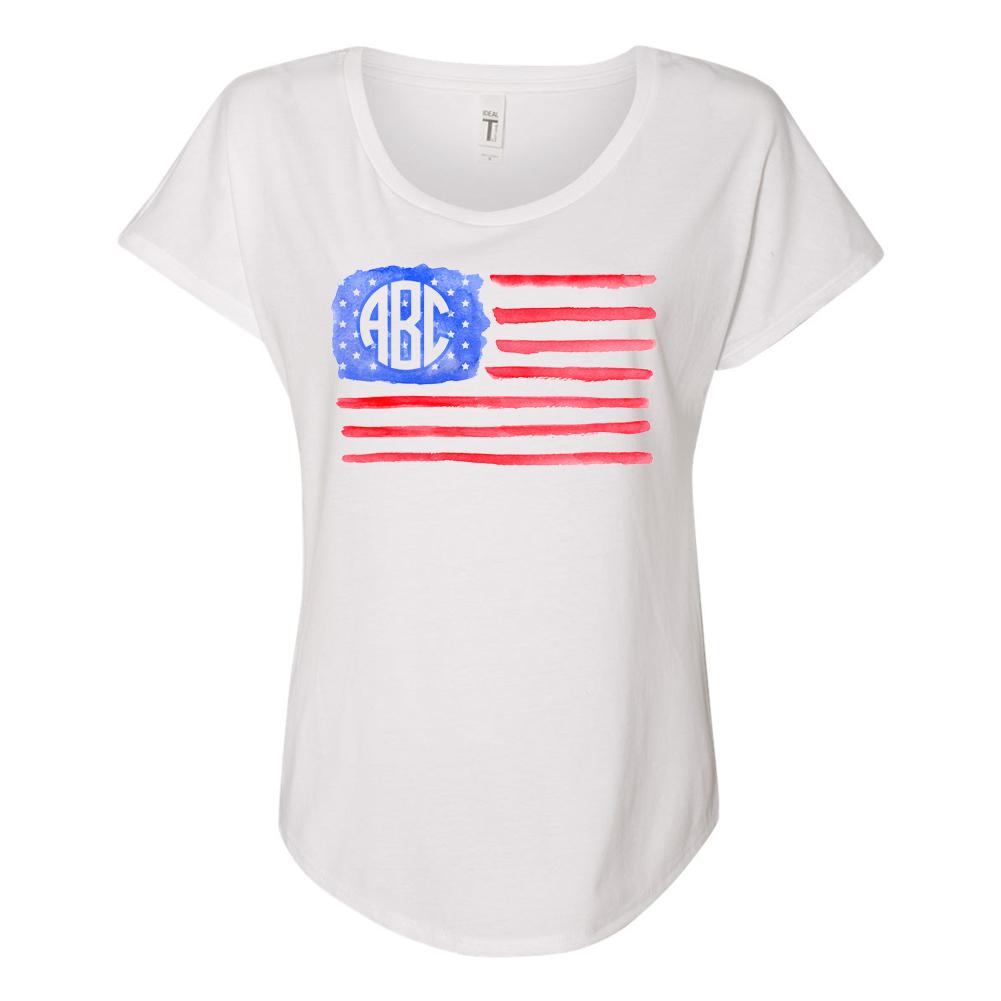 Monogrammed Watercolor American Flag Flowy Tee Fourth of July